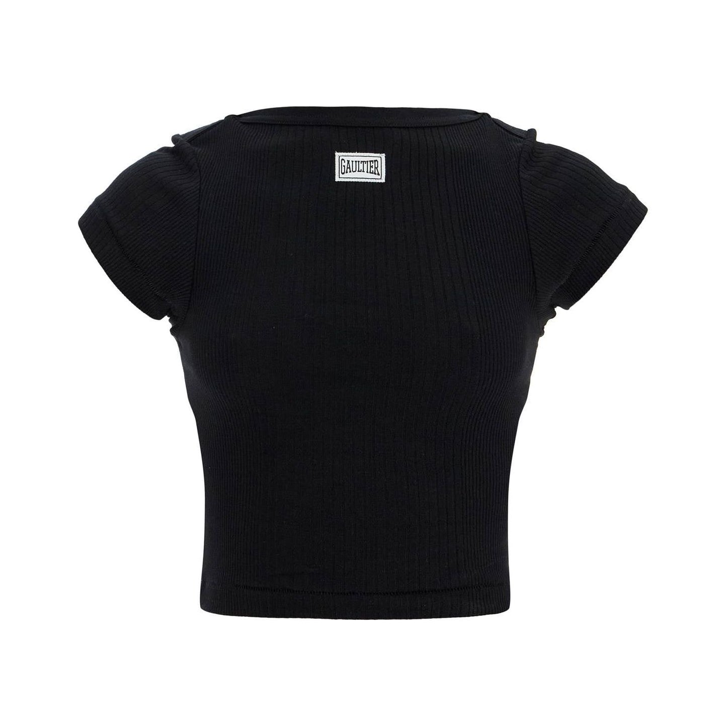 JEAN PAUL GAULTIER black cropped cotton ribbed t-shirt with logo Topwear JEAN PAUL GAULTIER