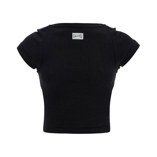 JEAN PAUL GAULTIER black cropped cotton ribbed t-shirt with logo