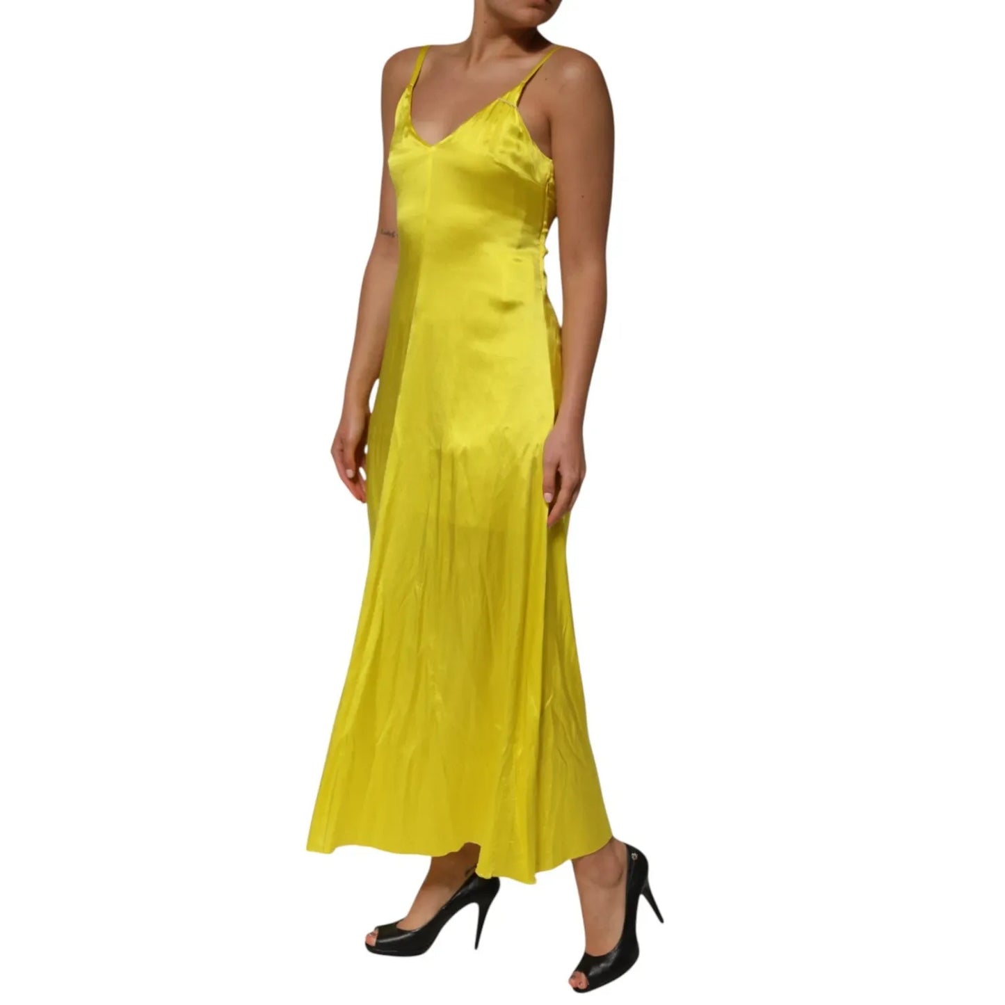 Tonello Yellow Silk Satin Slip Maxi Spaghetti Strap Maxi Dress Tonello