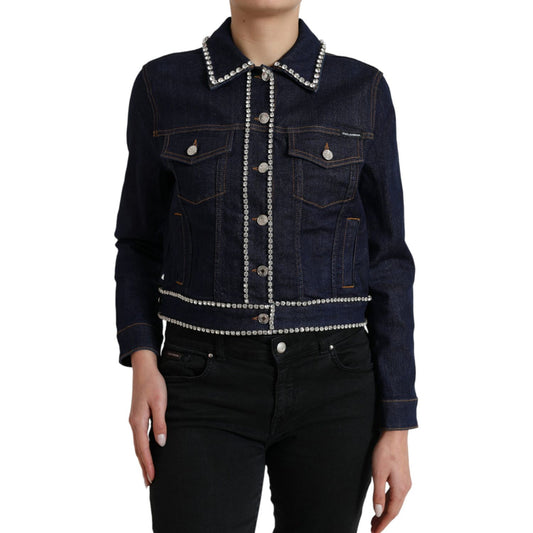 Dolce & Gabbana | Dark Blue Crystal Trimmed Cotton Denim Jacket| McRichard Designer Brands   