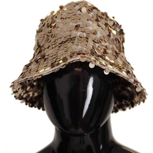 Dolce & Gabbana | Gold Silk Sequin Embellished Designer Brim Bucket Hat  | McRichard Designer Brands